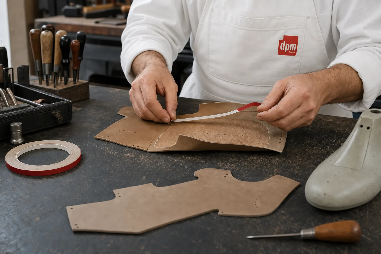 Positioning leather components with double-sided tape before sewing
