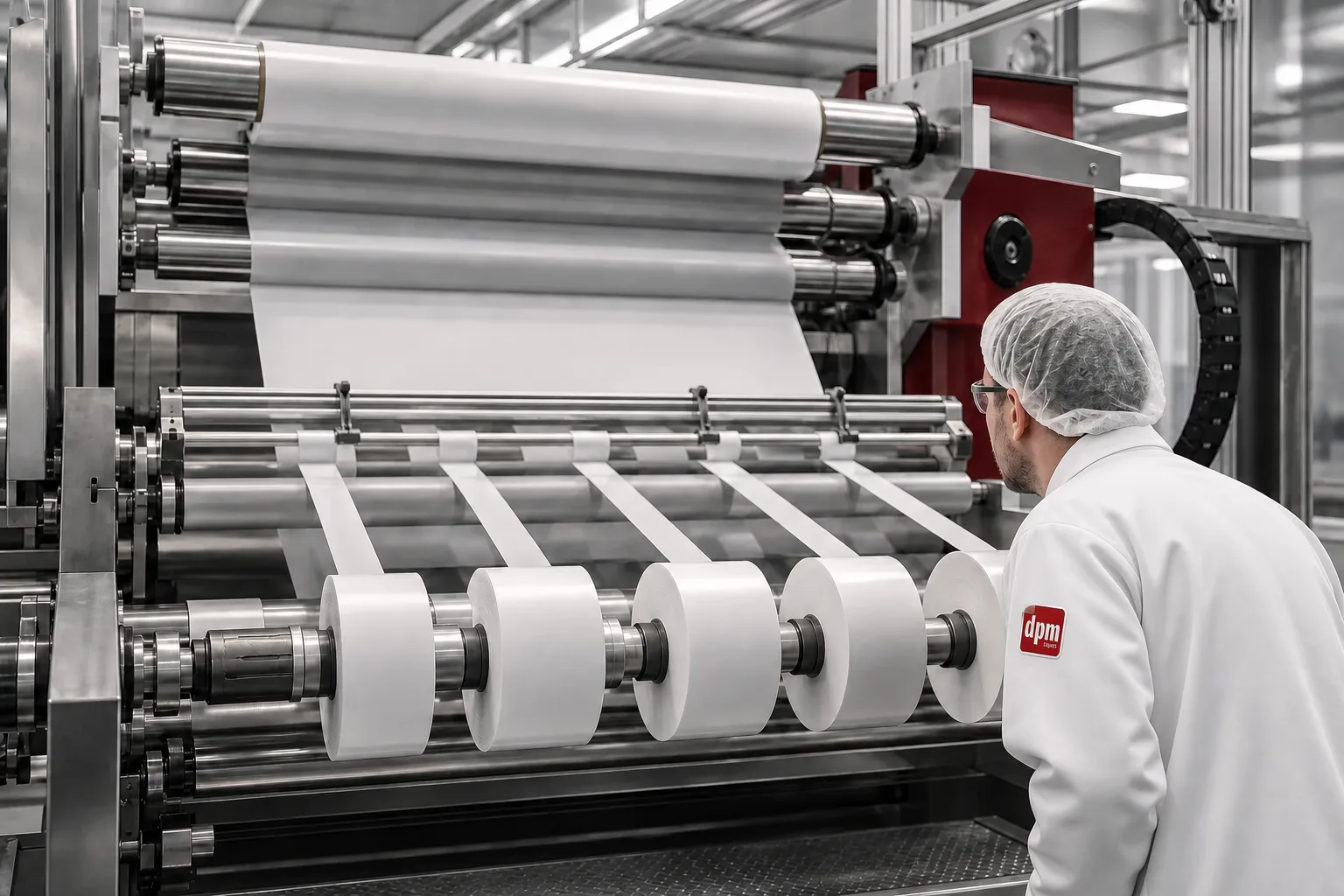 Laminieren und Schneiden von Klebematerial auf einer Industrielinie Konvertieren
