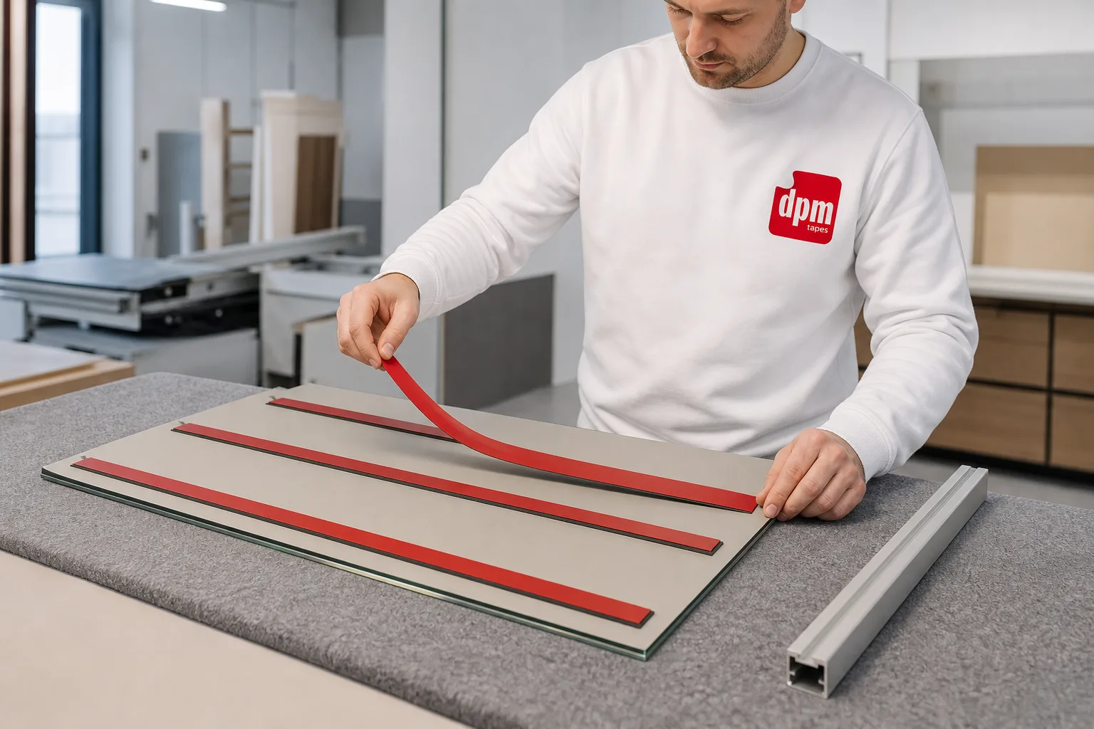 Preparing the back of a mirror with strips of double-sided tape